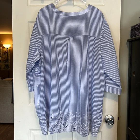 Woman Within Blue/WhiteTunic Blouse Eyelet Embroidered V-neck Pleated NWOT - Picture 3 of 9